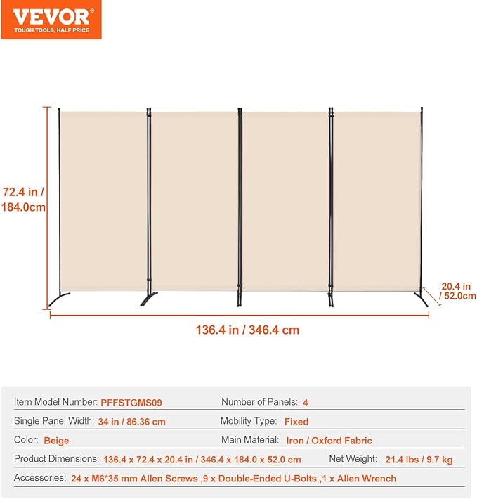 VEVOR Room Divider, 4 Panel Room Divider, Folding Privacy Screen and Portable Partition Divider for Room Separation, Freestanding Room Partitions for Office, Bedroom, Study, Beige