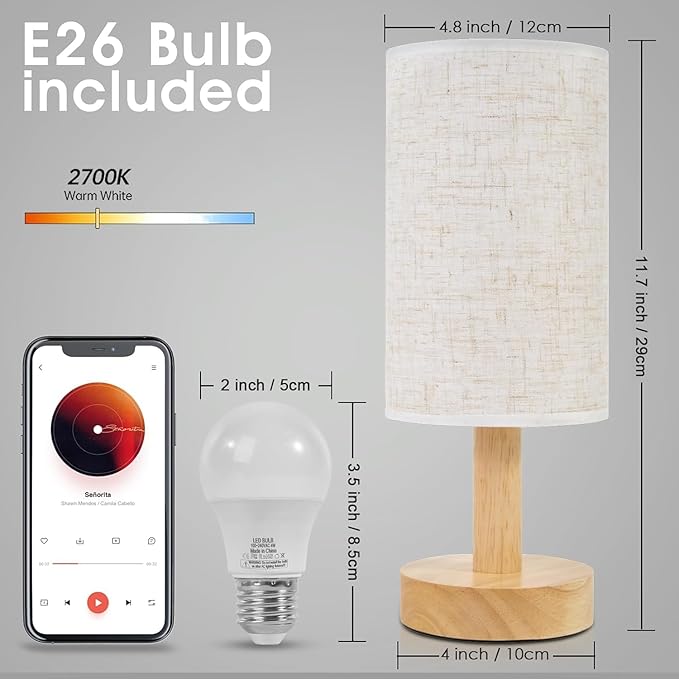 Small Bedside Table Lamps for Bedroom Set of 2,Natural Round Wood Base&Fabric Linen Shade,Cozy Night Light for Study Reading,Minimalist Boho Desk Lamp for Nightstand,Living Room,Nursery,Kitchen,Dorm