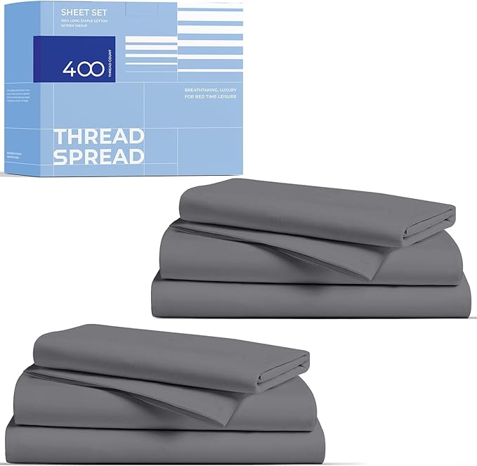 THREAD SPREAD 2-Pack Twin XL Sheet Sets Cotton - 400 Thread Count 100% Cotton Sateen Weave - Soft, Breathable, Hotel Quality Cooling Sheets, 2 Sets of Twin XL Size Deep Pocket Bed Sheets (Dark Grey)