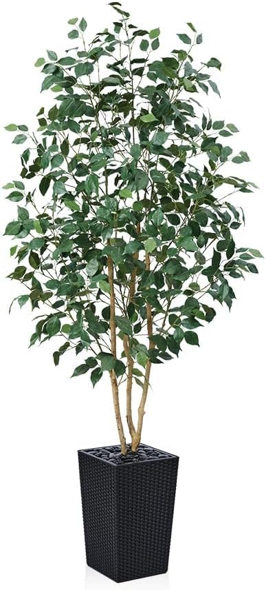 6ft Artificial Ficus Tree,Tall Faux Tree with Silk Leaves & Real Wood Trunk,UV Resistant Potted Fake Plant with Pebbles & Planter-Indoor Outdoor Floor Plant for Home Living Room,VN129
