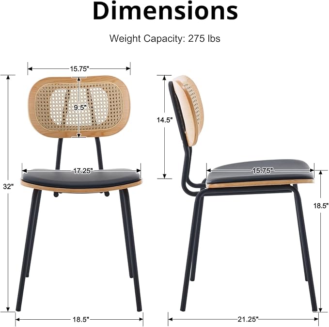 HEAH-YO Modern Dining Chairs Set of 4, Upholstered Faux Leather Dining Room Chairs with Rattan Backrest and Metal Legs, Armless Kitchen Chairs for Dining Room, Black