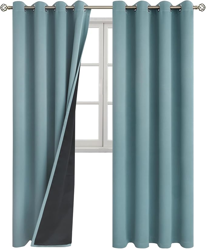 BGment Thermal Insulated 100% Blackout Curtains for Bedroom with Black Liner, Double Layer Full Room Darkening Noise Reducing Grommet Curtain (52 x 90 Inch, Greyish Blue, 2 Panels)