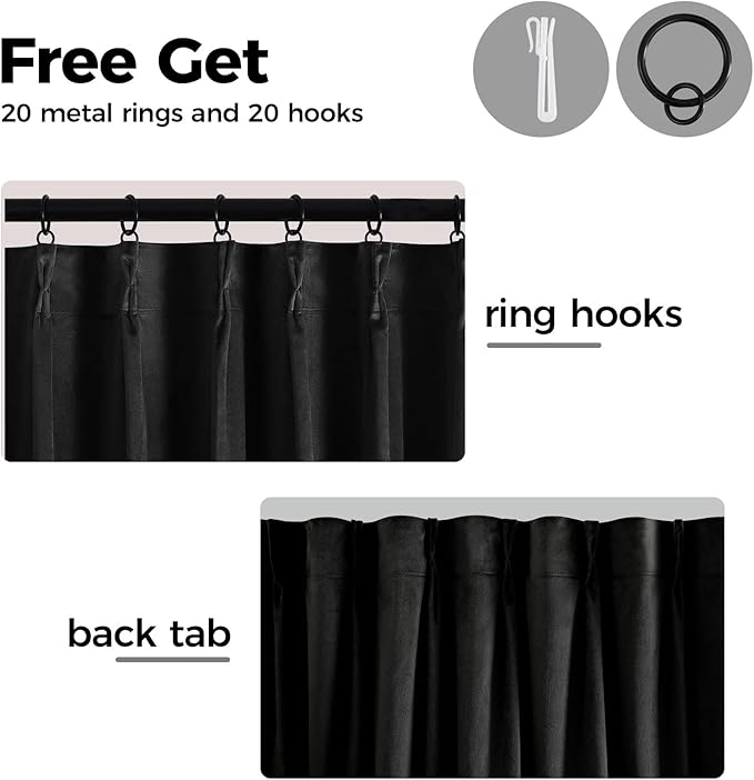 Pinch Pleated 100% Blackout Curtains for Bedroom, Black Velvet Curtains for Living Room, Black Out Curtain 96 inch Long Room Darkening, Blackout Pinch Pleat Drapes with Hooks 2 Panels