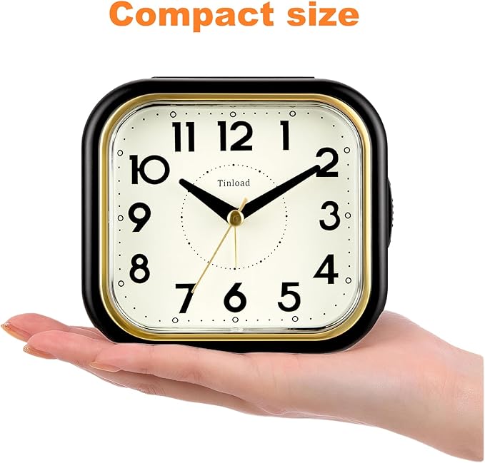 4.3" Retro Analog Alarm Clock • Silent Non Ticking • Gentle Wake • Beep Sounds • Increasing Volume • Battery Operated Snooze and Lighted on Demand • Retro Black