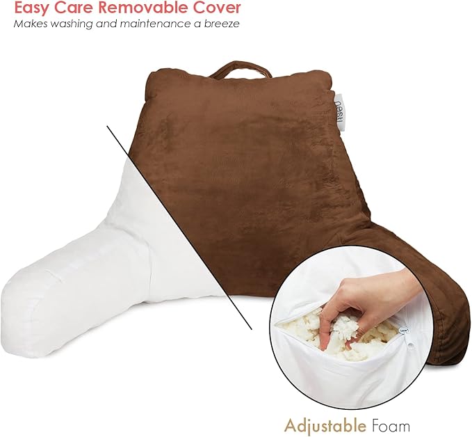 Nestl Reading Pillow with Shredded Memory Foam Designed for Sitting Up in Bed and Couch, Back and Arms Adjustable Support for Adult & Teens Backrest Pillows for Reading Washable Cover, Chocolate Brown