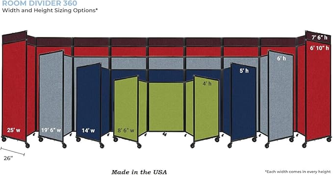 Versare Room Divider 360 Portable Wall Partition | Folding Panels | Large Freestanding Divider | Locking Wheels | Temporary Room Separator | 25' x 7'6'', Blue Spruce