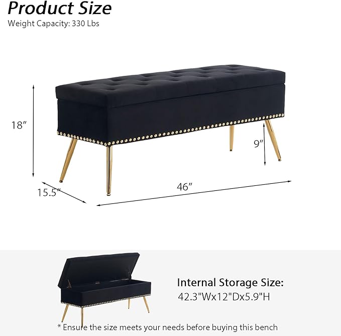 Velvet Storage Bench with Gold Legs& Nailhead Trim, 46" Wide Upholstered Modern Bedroom Bench for End of Bed, Tufted Ottoman for Entryway Living Room Dining Room (Black, 46" Wide)