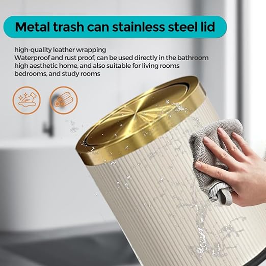 4 Gallon / 15L Trash Can Bathroom with Swing Lid, Grey Gold Garbage Can, Leather Modern, Large Office Waste Basket, for Bedroom, Kitchen, Powder Room, Hotel, Business(15L Grey)