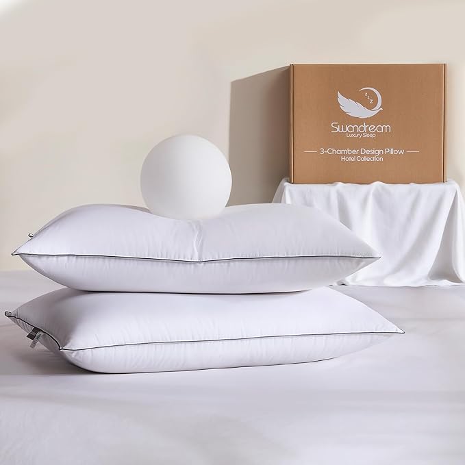 Goose Feather Down Fiber Pillows Queen Size Set of 2, Luxury 3-Chamber Pillows with Soft & Down-Proof Cover, Fluffy Plush Hotel Bed Pillows for Side, Back & Stomach Sleepers, 20"x30"