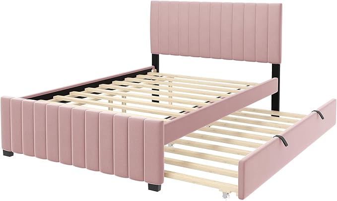 Full Bed Frame with Trundle Bed,Velvet Upholstered Platform Bed Frame,Full Size Trundle Bed with Headboard for Kids Teens Adults(Pink)