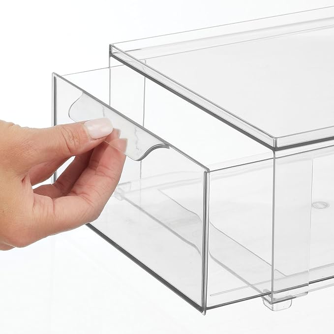 mDesign Plastic Storage Box with Drawer – Low Plastic Shoe Storage Bin – Stackable Box for Accessories etc. – Pack of 2 – Transparent