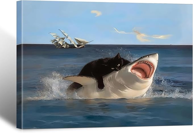 BFKDKG Framed Black Cat Wall Art, Funny Quirky Cat and Shark Pictures Canvas Print, Abstract Black Cat Shark Posters Wall Decor for Room Bedroom Living Room Bathroom 16x24in