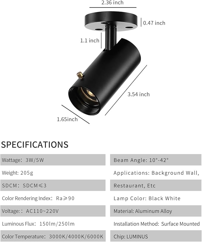 LED Ceiling Spot Light, 3W Cob Zoomable Spotlight, Small Angle Free Adjustable Ra>90, Aluminum Accent Lamp for Coffee Shop Restaurant Bar Lighting