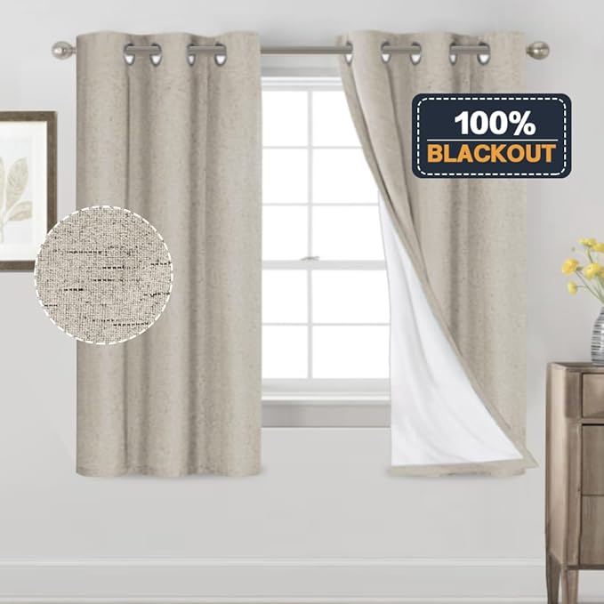 PrinceDeco Linen Texture Curtains Soild 100% Blackout Thermal Insulated with White Liner Blackout Curtains for Bedroom 64 Inches Long 2 Panels,42" Wide,64" Length Noise Reducing Curtains, Stone