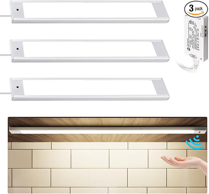 VST Hand Wave Activated Under Cabinet Lights Plug in, Closet Lights, Stepless Dimming Lighting for Kitchen Shelf Cupboard Closet Workbench (12in 3Pack 4000K)