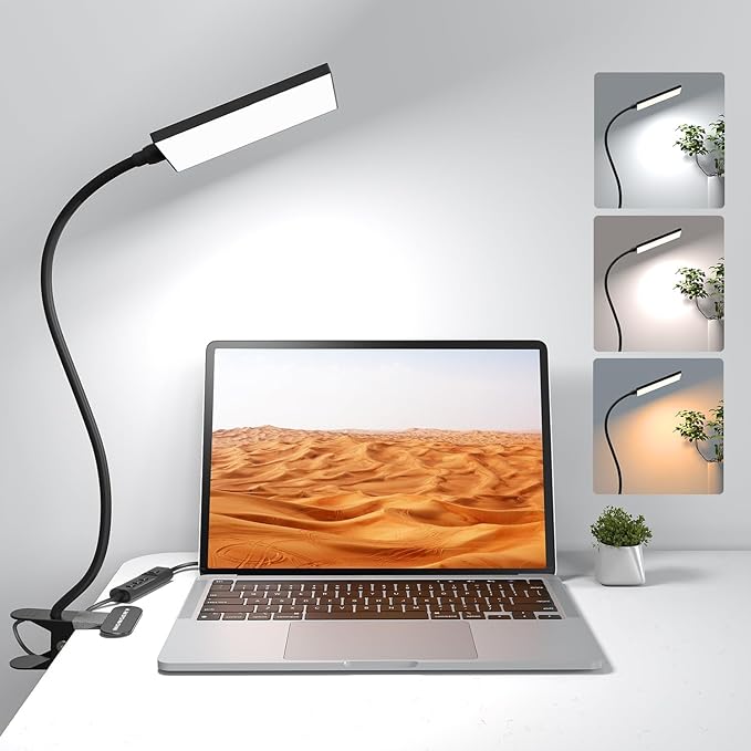 LED Desk Lamp with Clamp for Home Office, Dimmable Clip on Desk Light with USB Port, 3 Color Modes 11 Brightness Flexible Reading Lamp for Studying Working, Black