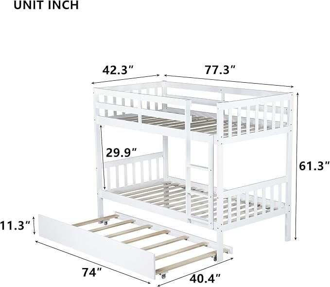 Bellemave Twin Over Twin Bunk Bed with Trundle,Convertible Bunk Beds with Ladder & Safety Guardrails,Twin Size Bunk Beds for Kids Girls Boys,White