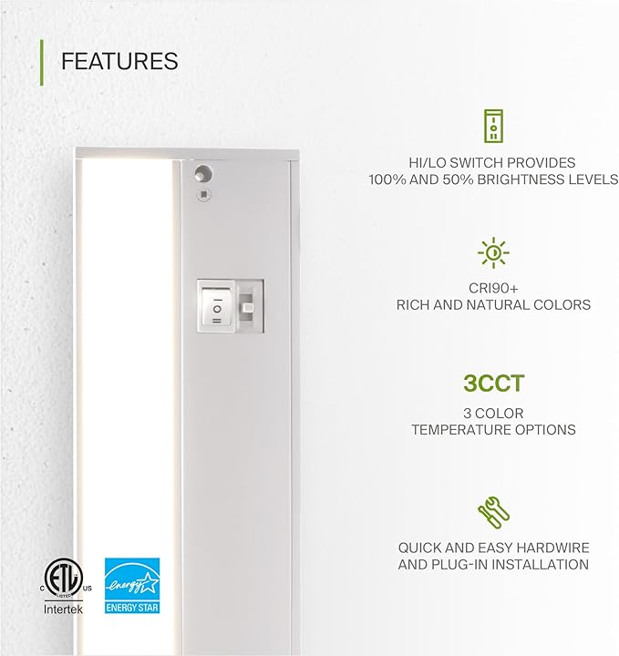 ASD 20 Pack 18 Inch LED Under Cabinet Lighting Plug in or Hardwired, High/Low/Off Switch, 8W 120V 3 CCT 2700K/3000K/4000K CRI90+, Triac Dimmable Linkable Under Counter Lights for Kitchen, ETL, White