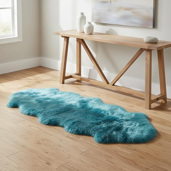Premium Genuine Sheepskin Rug 2' x 6' Long Fur Soft & Natural Bedside Area Rug, Beach Blue, Double Pelt