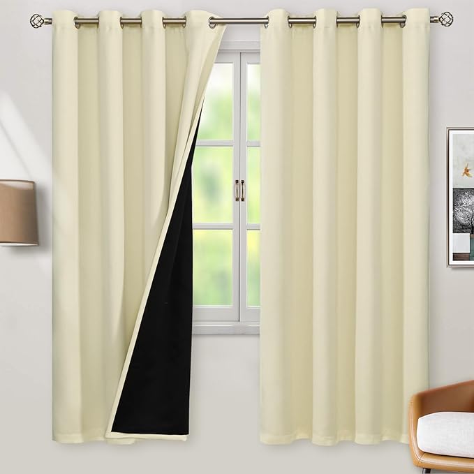 BGment Cream 100% Blackout Curtains for Bedroom 72 Inch Length 2 Panels Set, Thermal Insulated Full Light Blocking Grommet Noise Cancelling Window Curtains&Drapes with Black Liner, 46 Inch Wide Each