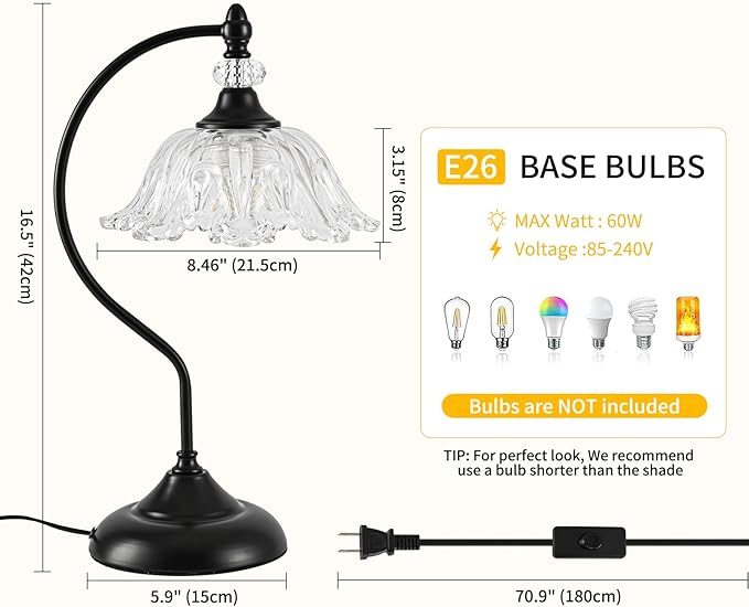 Table Lamp for Bedroom,Crystal Glass Beside Lamp,Plug in Dimmable Black Lamp Flower Nightstand Lamp for Living Room, Office, Desk, Home Decor