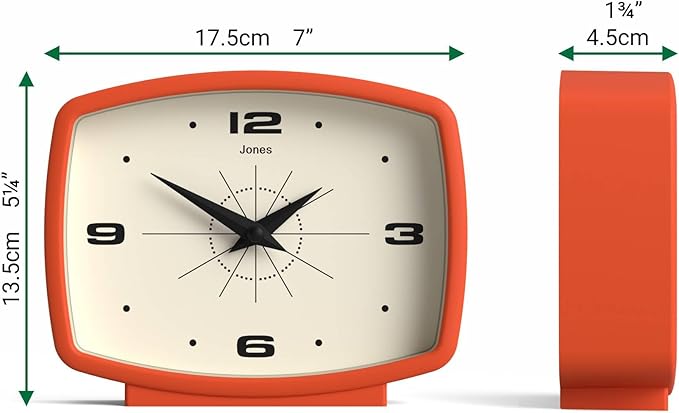 JONES CLOCKS® Film Desk Clock | Retro Rectangular Design | Orange | Retro Design, Blending mid Century Style with a Punchy Modern Finish for Shelf, Table, Mantel or Bedside