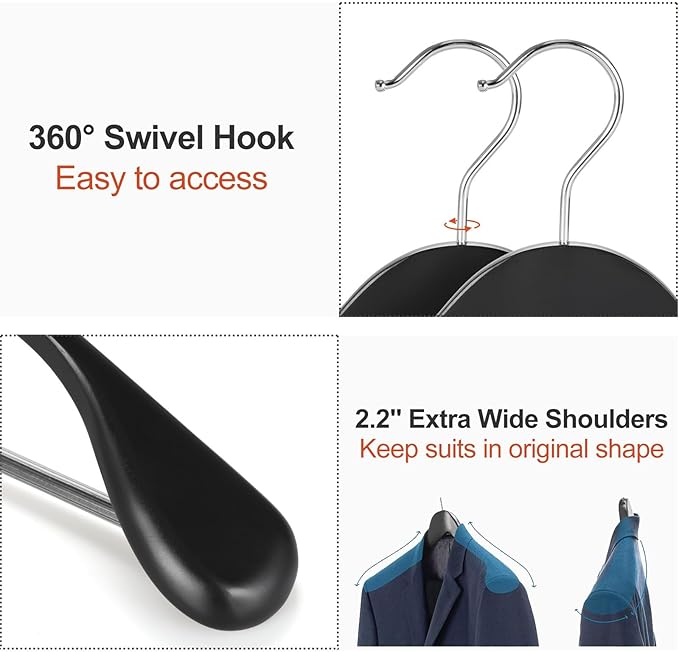 TOPIA HANGER Wide Shoulder Wooden Hangers, Suit Hangers with Non Slip Pants Bar & 360° Swivel Hook, Solid Wood Heavy Duty Coat Hanger, 10 Pack (Matte Black)-CT02B-10
