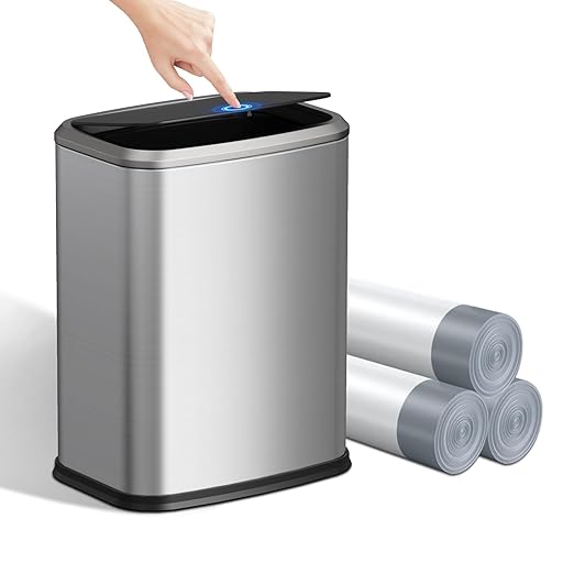 2.1 Gallon Bathroom Trash Can with Lid Press Top, 8 Liter Stainless Steel Garbage Can with Press Type Lid, Slim Trash Bin Waste Basket for Toilet, Office, Bedroom, Living Room (Silver)