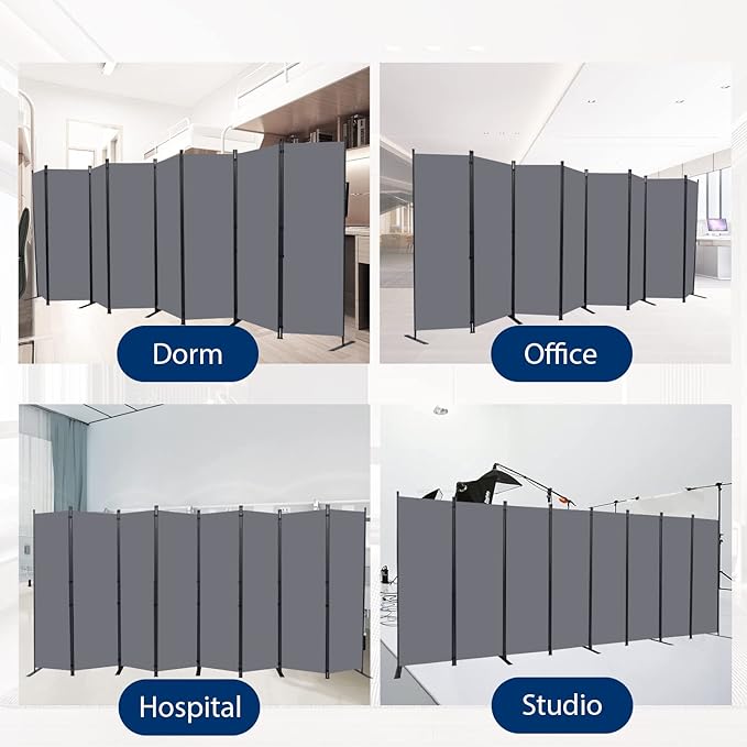 Room Divider Folding Privacy Screens with Wheels, 6FT Tall Divider for Room Separation, Movable Room Partitons and Dividers, Indoor Room Dividers Panel with Fabric (Grey, 8 Panel-176‘’-Flat Base)