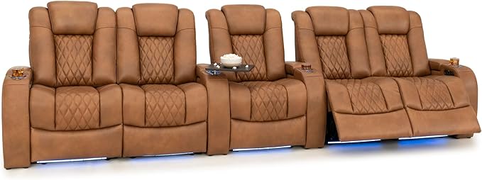 Seatcraft Diamante Zero-Gravity CoolZero Italian Leather Home Theater Seating, Power Headrest, Power Recline, Row of 5 Dual Loveseats, Tawny
