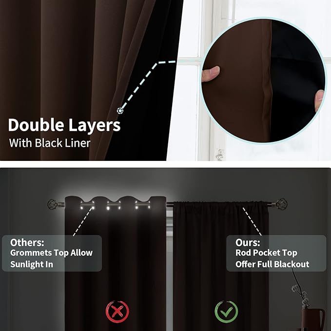 BGment 100% Blackout Curtains for Bedroom with Black Liner, Double Layer Full Room Darkening Thermal Insulated and Noise Reducing Rod Pocket Curtain (42 x 72 Inch, Brown, 2 Panels)