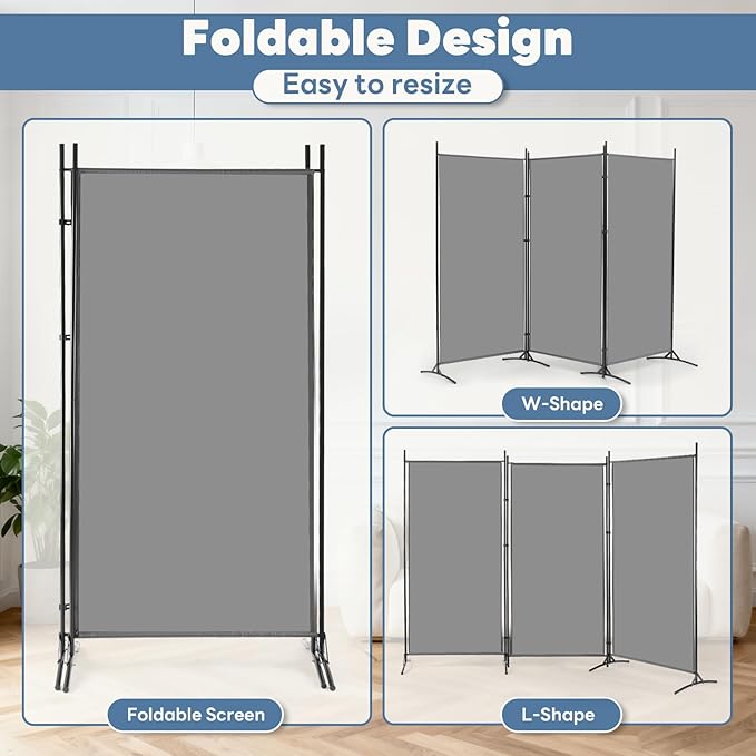 DUMOS 3 Panel Partition Room Divider, 6 Ft Tall Folding Privacy Screen, Freestanding Partition with Steel Frame, Easy Move & Storage, for Home, Office, Bedroom, Grey
