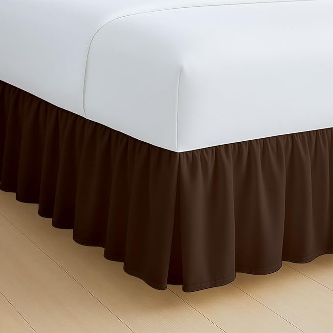 Rajlinen Ruffled Bed Skirt California King, 12 Inch Drop Dust Ruffle with Split Corners, 100% Microfiber Bedskirt with Platform, Three-Sided Coverage Ruffled Gathering Design, Chocolate