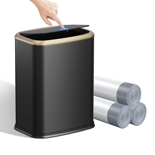 2.1 Gallon Bathroom Trash Can with Lid Press Top, 8 Liter Stainless Steel Garbage Can with Press Type Lid, Slim Trash Bin Waste Basket for Toilet, Office, Bedroom, Living Room (Black)