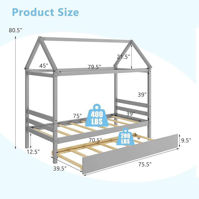 Giantex House Bed with Trundle, Solid Wood Twin Size Daybed for Girls & Boys, Kids Platform Bed Frame with Roof for Bedroom, No Box Spring Needed, Grey