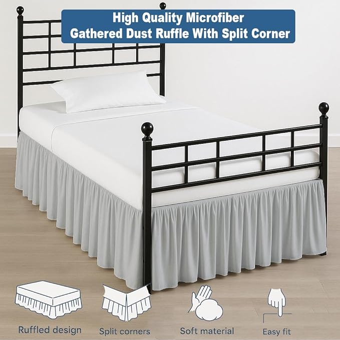 Ruffled Bed Skirt Split Corners with Platform, Tailored Fit Hotel Quality Wrinkle Free Ultra-Soft Microfiber Dust Ruffle, Upto 14 Inch Drop, Queen, Light Grey