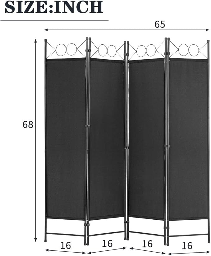 4 Panel Room Divider 6FT Steel Frame Screen Folding Privacy Divider Freestanding Partition for Home Office Bedroom, Black