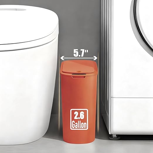 TIPGO Automatic Motion Sensor Bathroom Trash Can with Lid, 2.6 Gallon Touchless Trash Bin, Smart Garbage Can Plastic Slim Wastebasket for Bedroom, Office, Dorm (Orange)