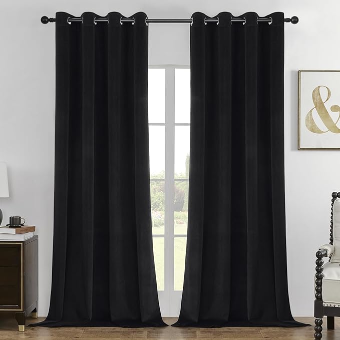 Joydeco Black 100% Blackout Curtains 90 Inch 2 Panels, Luxury Thermal Insulated Black Velvet Curtains for Bedroom Living Room, Soundproof Blackout Window Drapes, Grommet Top (52W x 90L)