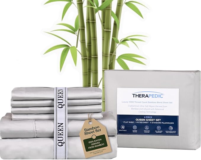 Therapedic 1000TC Queen 6-Piece Sheet Set - 100% Organic Rayon Derived from Bamboo Blend with Cooling Fiber, Ideal for Hot Sleepers - 16" Deep Pocket Fitted Sheet, Bonus Pillowcases - Light Grey