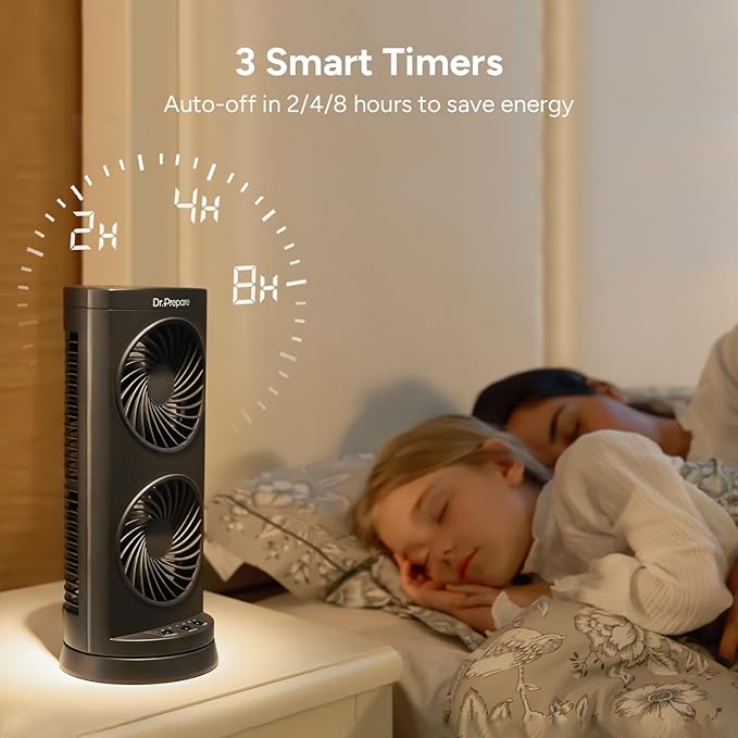 Dr. Prepare Tower Fan Oscillating Fan, Portable Desk Fan with 3-Speed Options, Dual Air Circulation, 110° Oscillation, 3 Timers, Personal Quiet Table Fan for Home Office Desktop Bedroom, 13 inch