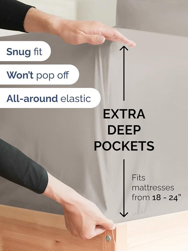 Extra Deep Full Sheet Set - 6 Piece Breathable & Cooling Sheets - Hotel Luxury Bed Sheets Set - Easy & Secure Fit - Soft, Wrinkle Free & Comfy Sheets Set - Light Grey Sheet Set with Extra Deep Pockets
