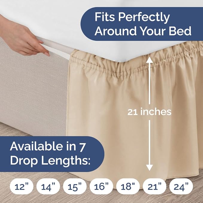 Wrap Around Dust Ruffle Bed Skirt - Cream - for Queen Size Beds with 21 Inch Drop - Easy Fit Elastic Strap - Adjustable Pleated Bedskirt w/Brushed Fabric - Wrinkle Free - for Women, Men, Kids & Teens