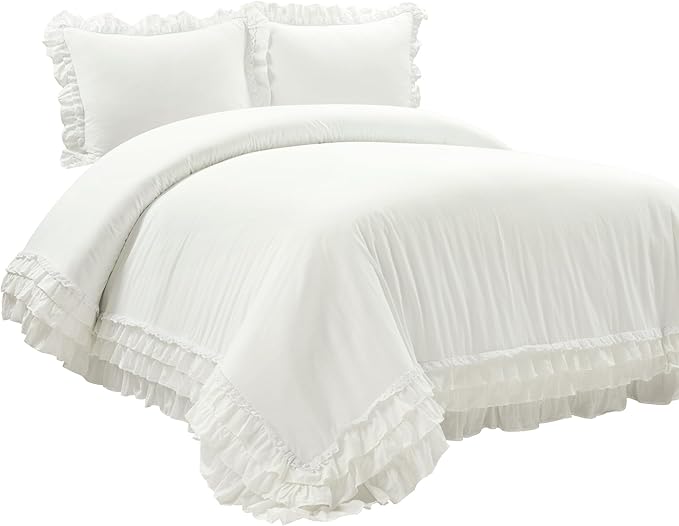 Lush Decor Ella Ruffle Lace 100% Cotton Duvet Cover, 3 Piece Set, King, White - Cute Duvet - King Bedding Set - Gray Bedding - Coquette Decor - Ruffle Trim - White Lace Trim