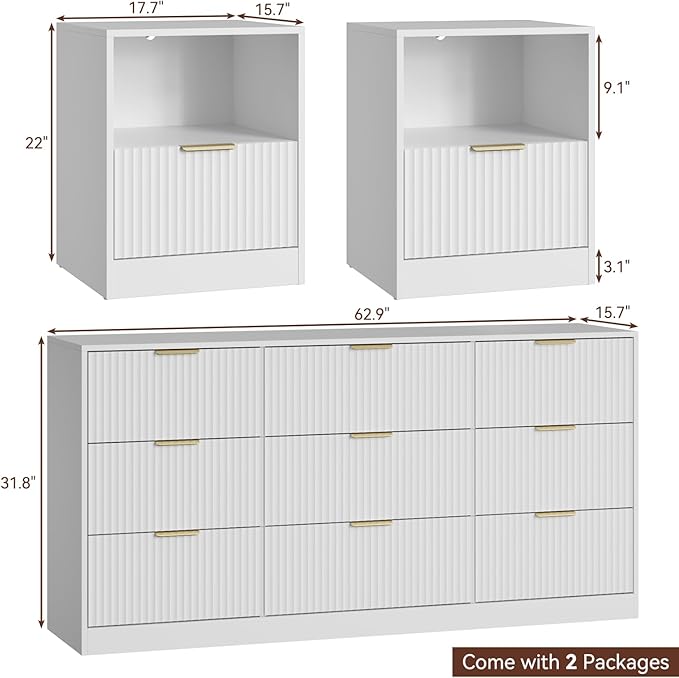 9 Drawer Dresser & Nightstand Set 3-Piece, 63” Wide Bedroom Set Night Stand Set of 2 with Metal Handle, Fluted Modern Wood Chest of Drawers Storage Dressers Set for Bedroom, White