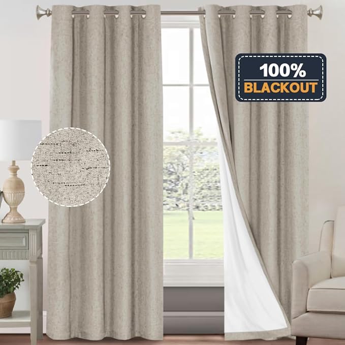 PrinceDeco Linen Blackout Curtains for Bedroom/Living Room 100% Black Out Curtains 96 Inch Long 2 Panels Set Linen Look Room Darkening Thermal curtains with White Liner Backing for Nursery Decor,Stone