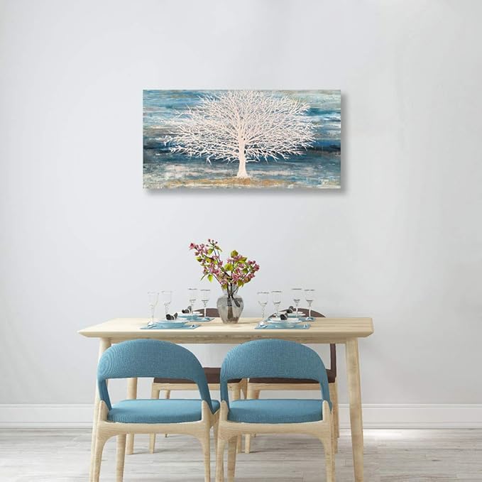White Tree Canvas Wall Art Large Teal Blue Decor Textured Painting Print with Gold Foil Framed Artwork for Living Room Bedroom(24W*48L