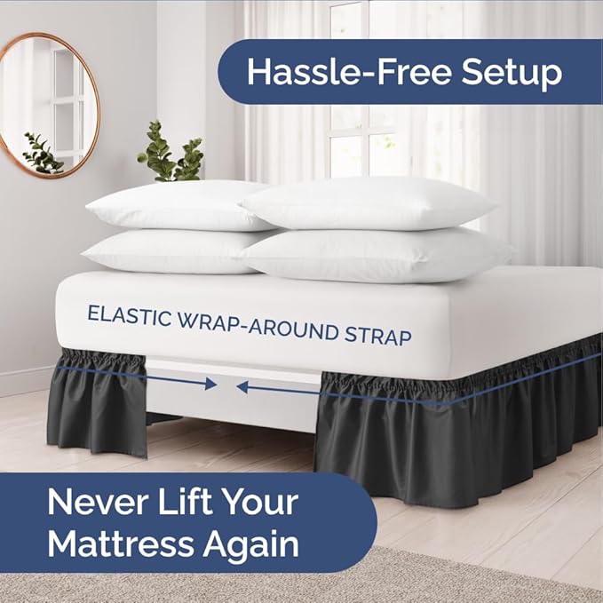 Wrap Around Dust Ruffle Bed Skirt - Black - for Full Size Beds with 12 Inch Drop - Easy Fit Elastic Strap - Adjustable Pleated Bedskirt w/Brushed Fabric - Wrinkle Free - for Women, Men, Kids & Teens