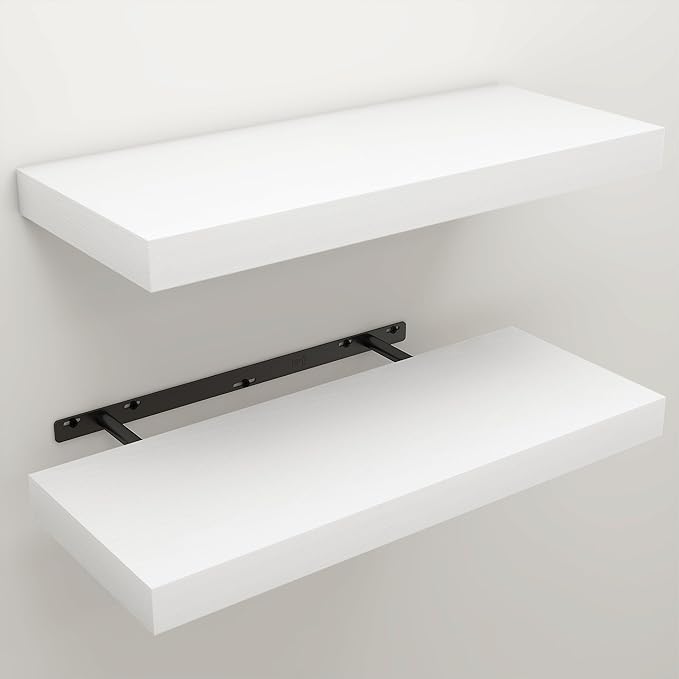 Floating Shelves for Wall, 9.3" Deep Wall Mounted Wood Shelves for Bathroom, Bedroom, Living Room, Kitchen, Hanging Shelf for Books/Storage/Room Decor (White, 24")
