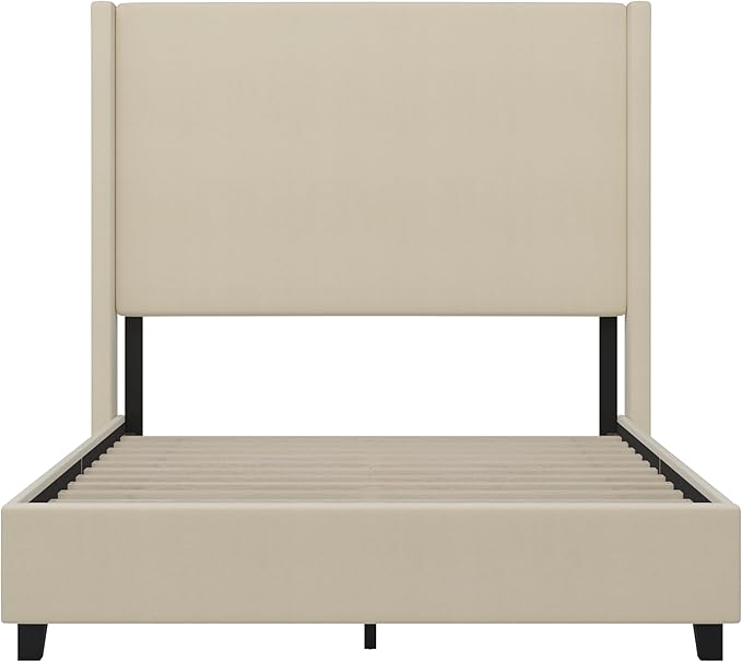 EMMA + OLIVER Nora Full Size Faux Linen Upholstered Platform Bed with Plush Padded Wingback Headboard (No Box Spring Needed), Modern Upholstered Headboard Full Bed Frame, Beige